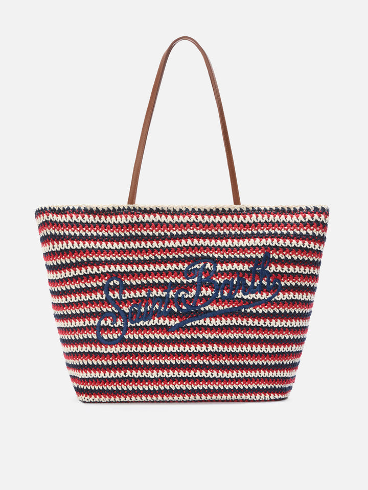 Borsa Tote Crochet a righe blu e rosse con logo ricamato