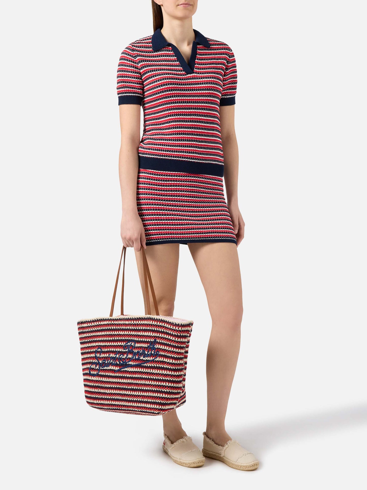 Borsa Tote Crochet a righe blu e rosse con logo ricamato