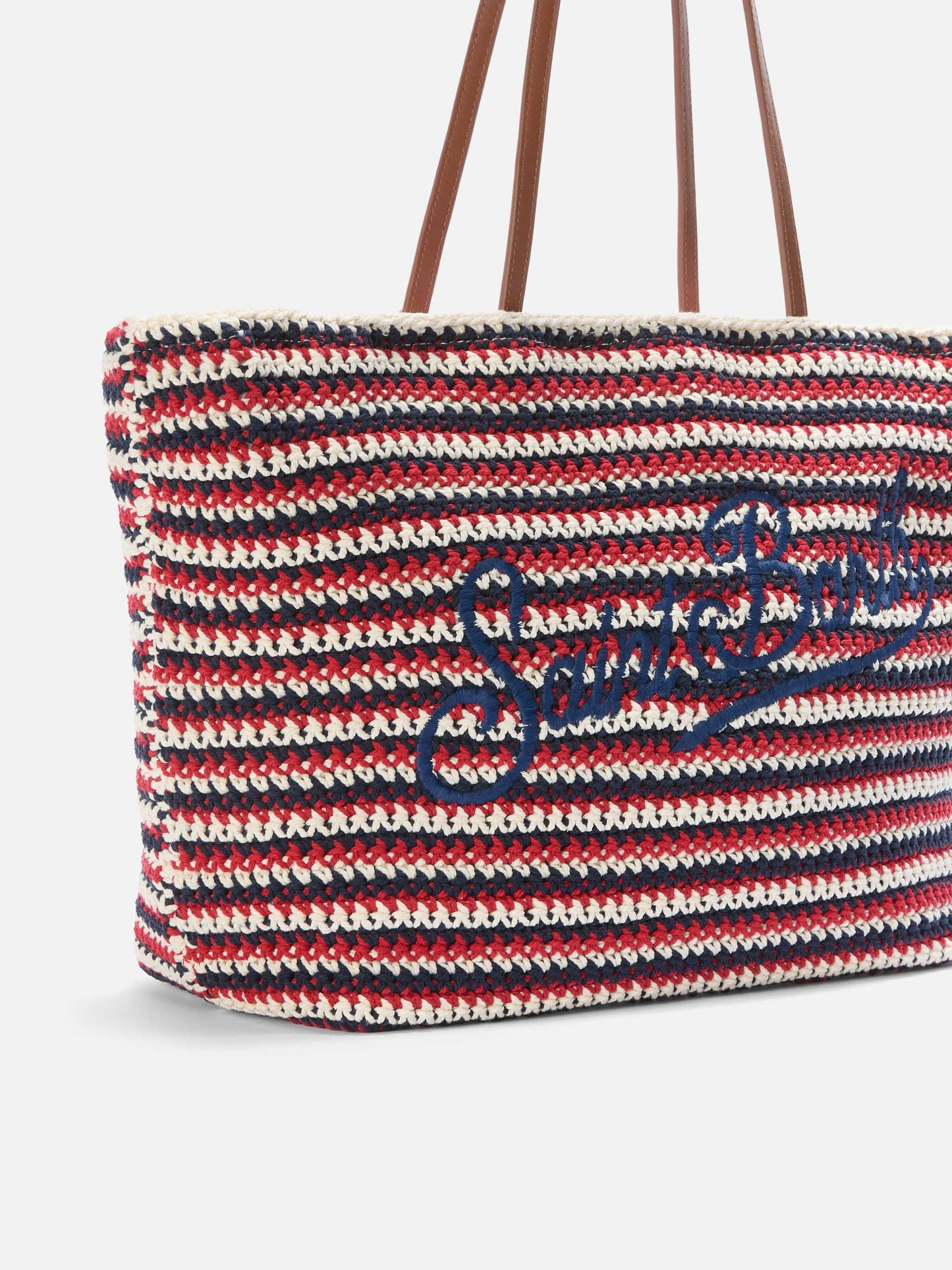 Crochet Tote bag in blue and red stripes with embroidered logo
