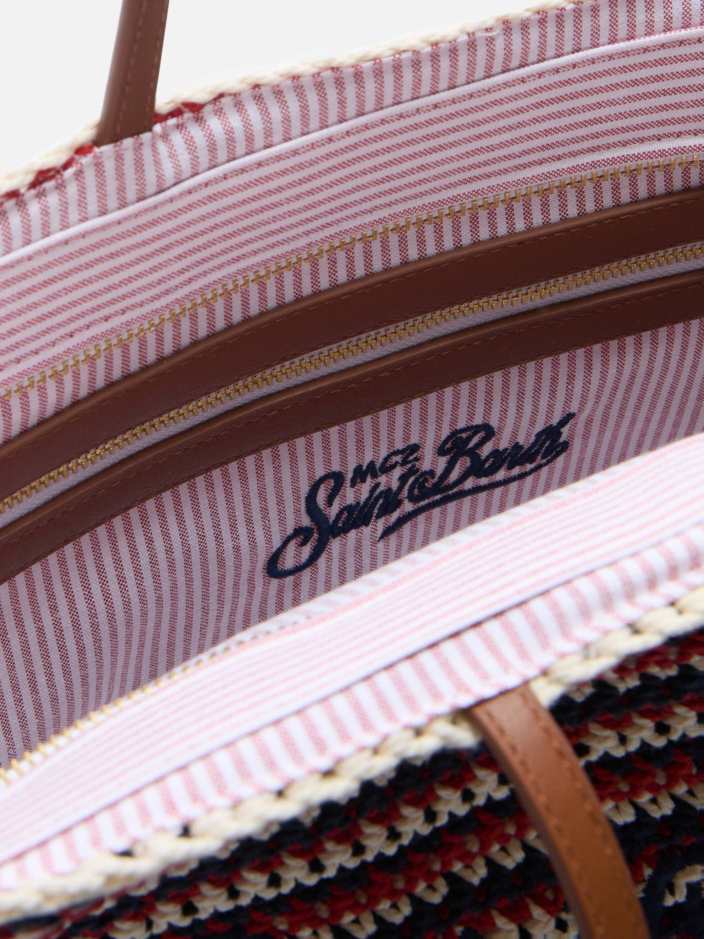 Crochet Tote bag in blue and red stripes with embroidered logo