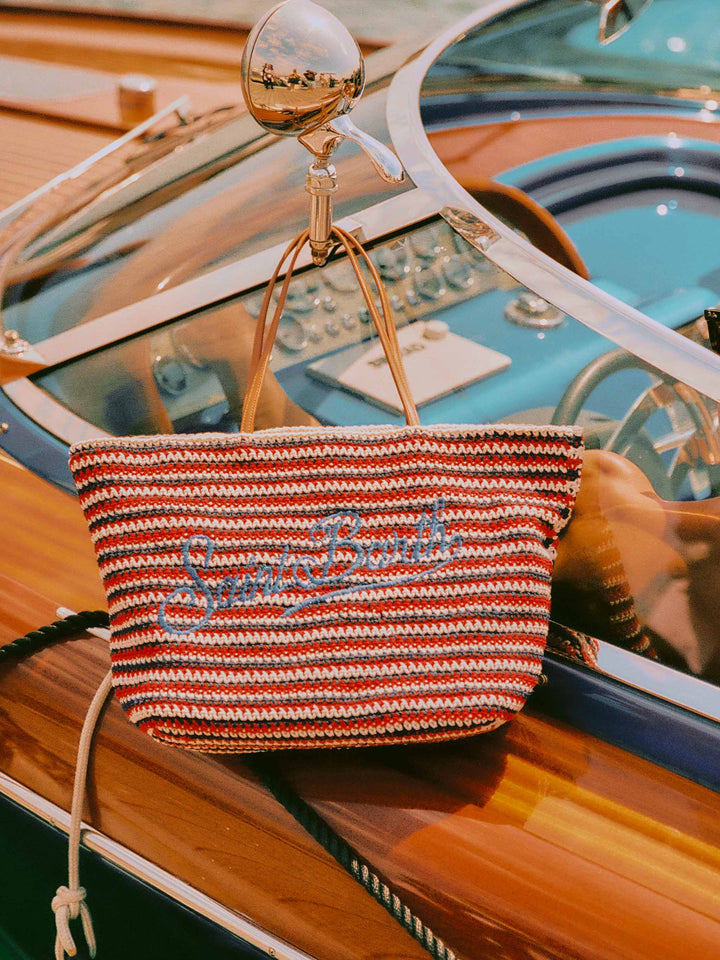 Crochet Tote bag in blue and red stripes with embroidered logo