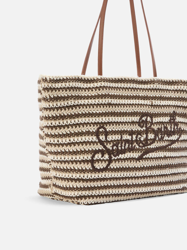 Borsa Tote Crochet a righe beige e marroni con logo ricamato