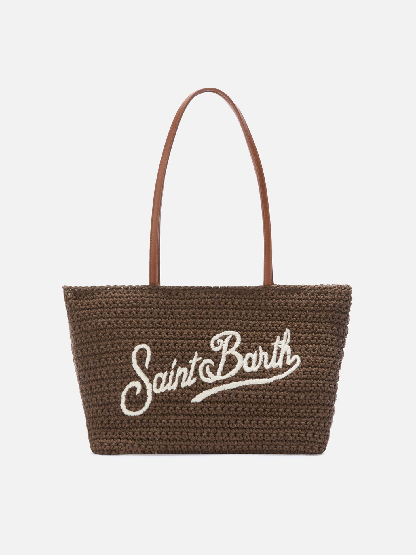 Borsa Tote Crochet medium marrone con logo ricamato