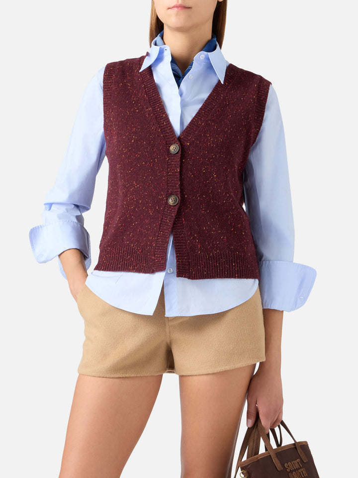 Gilet en maille mélangée laine Donegal Aubergine Carette 