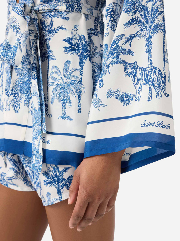 Short Carly kimono in silk with toile de Jouy print
