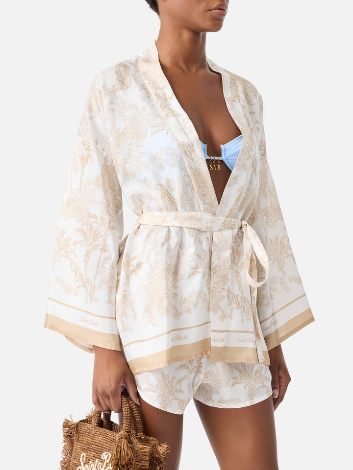 Kurzer Carly-Kimono aus Seide mit toile de Jouy-Print 