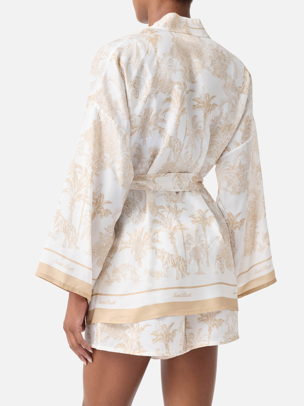 Short Carly kimono in silk with toile de Jouy print