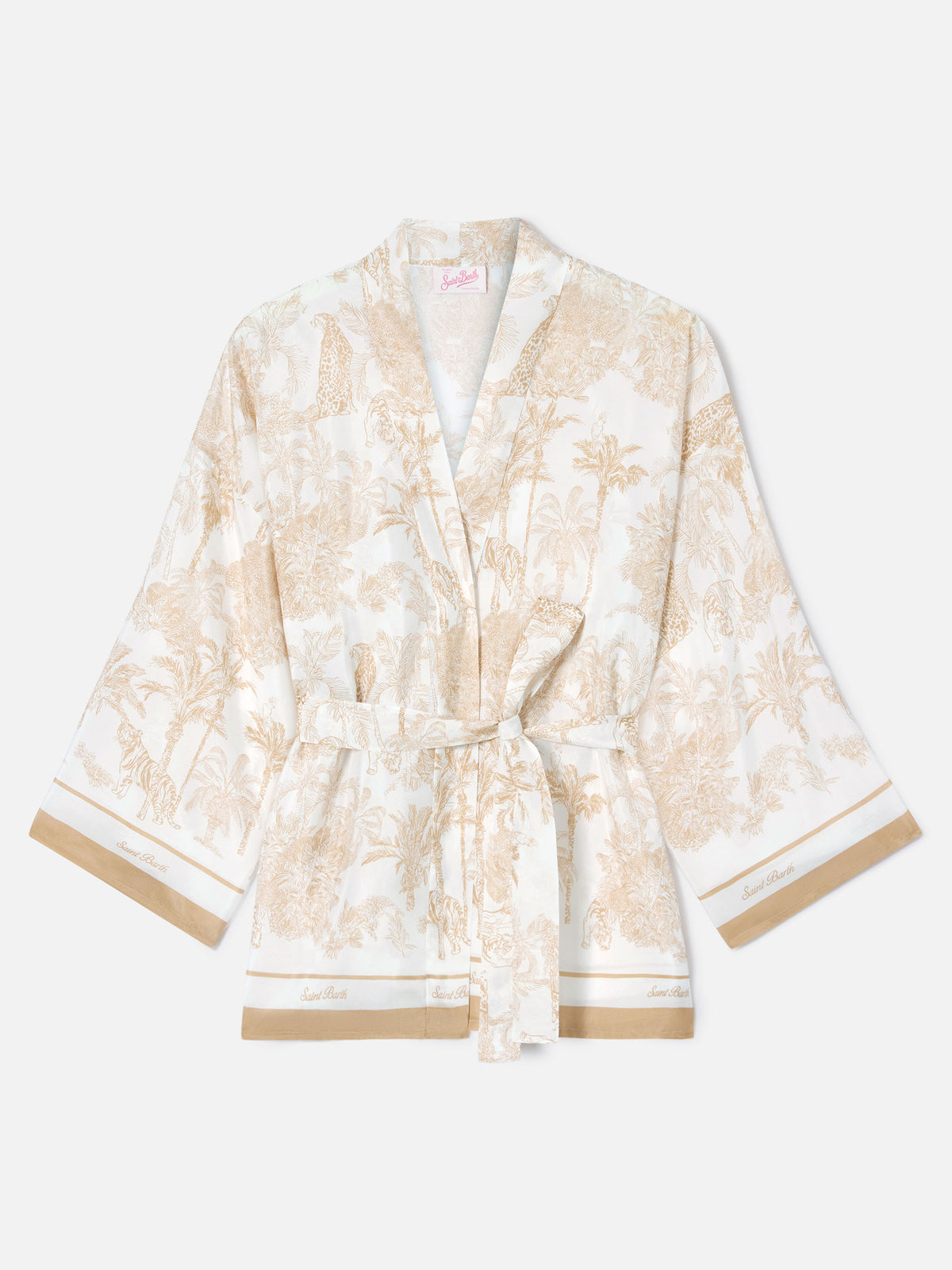Short Carly kimono in silk with toile de Jouy print