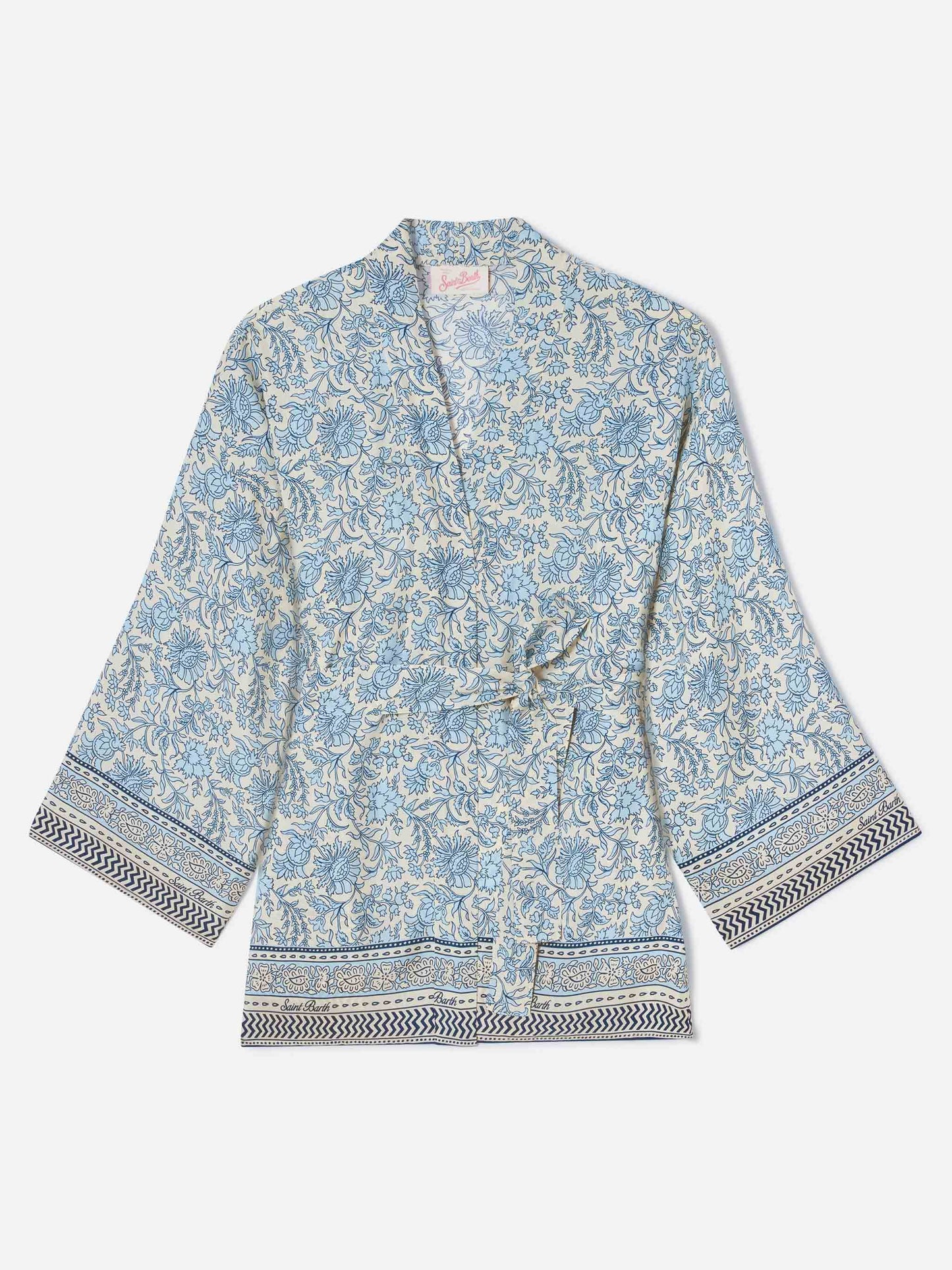Short Carly kimono in silk with floral batik print