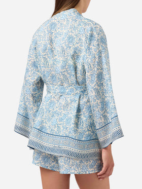 Kimono court Carly en soie avec imprimé batik floral 