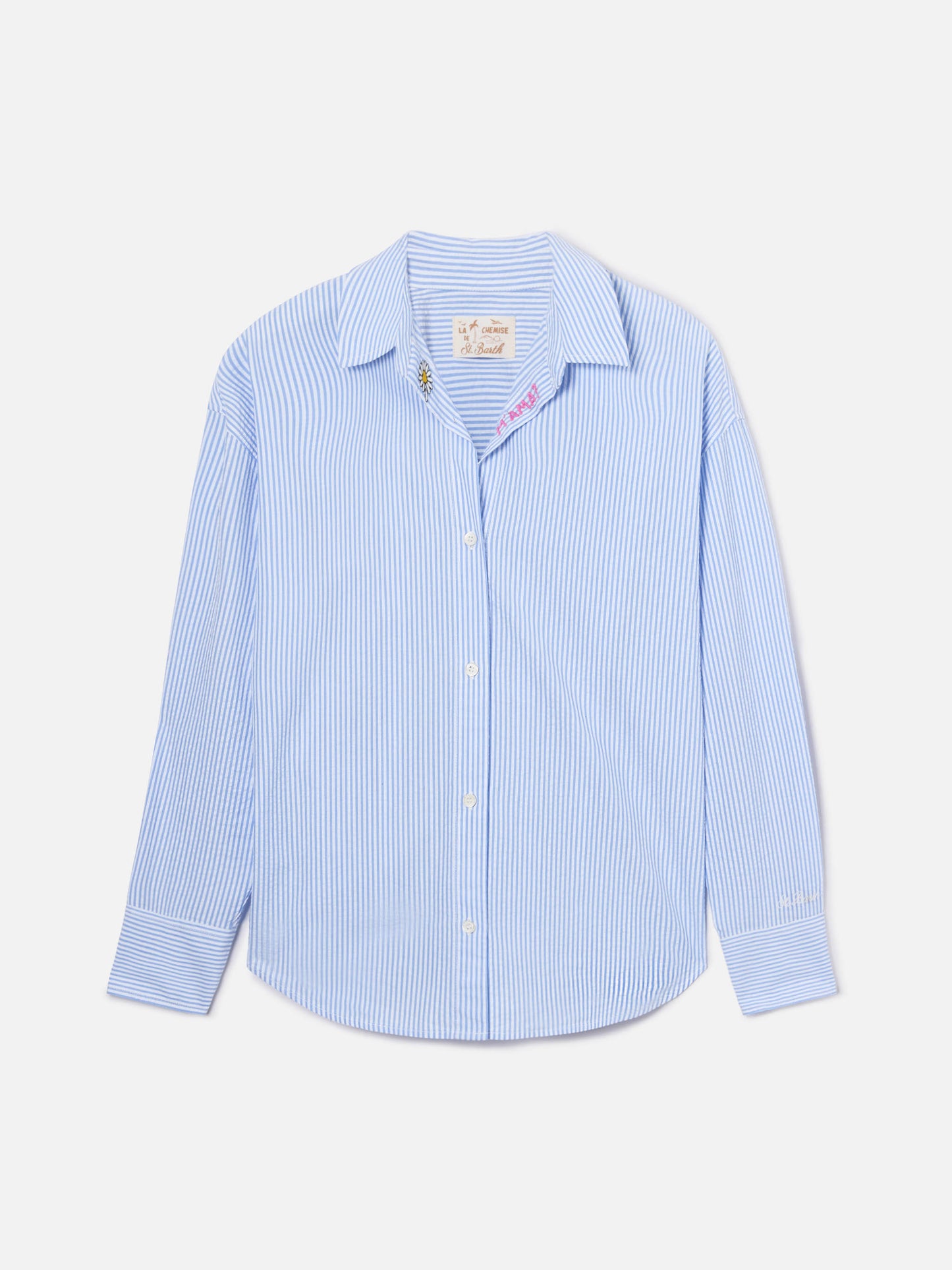 Camisa Cristal de seersucker a rayas azul claro con bordado 