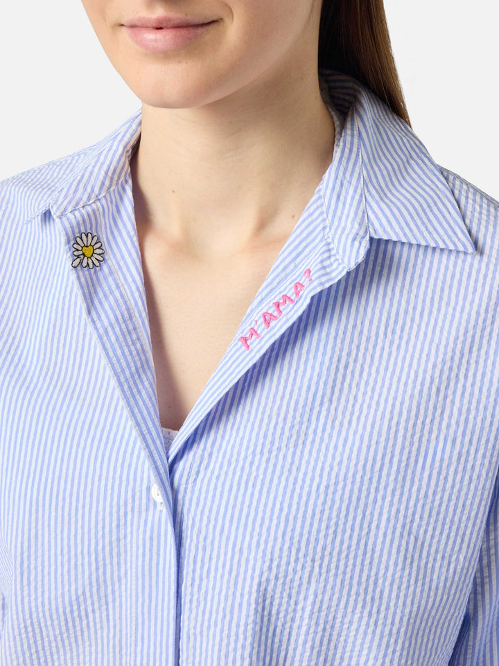 Light blue striped seersucker Cristal shirt with embroidery