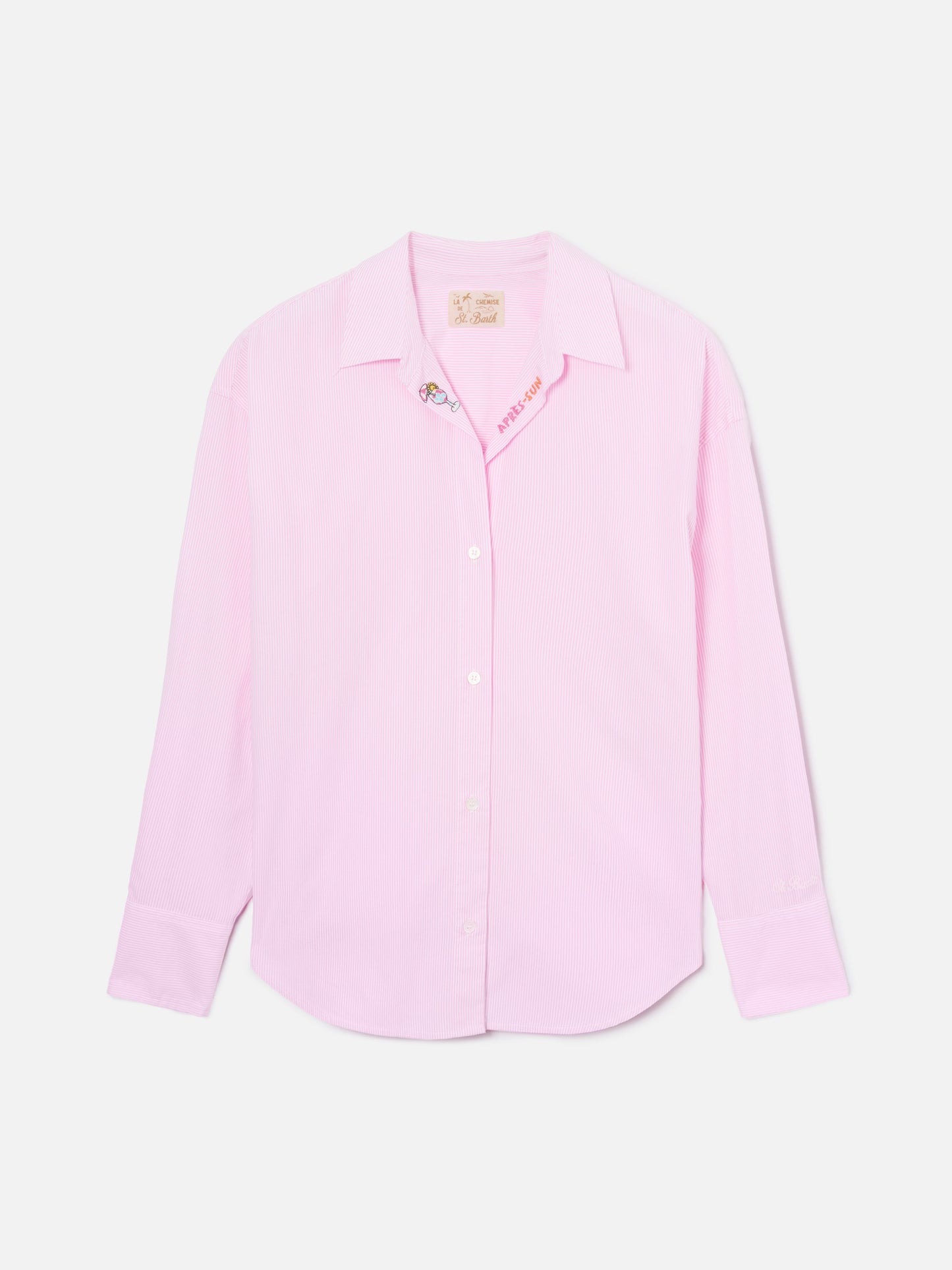 Chemise Cristal en popeline de coton rose à rayures avec broderie 