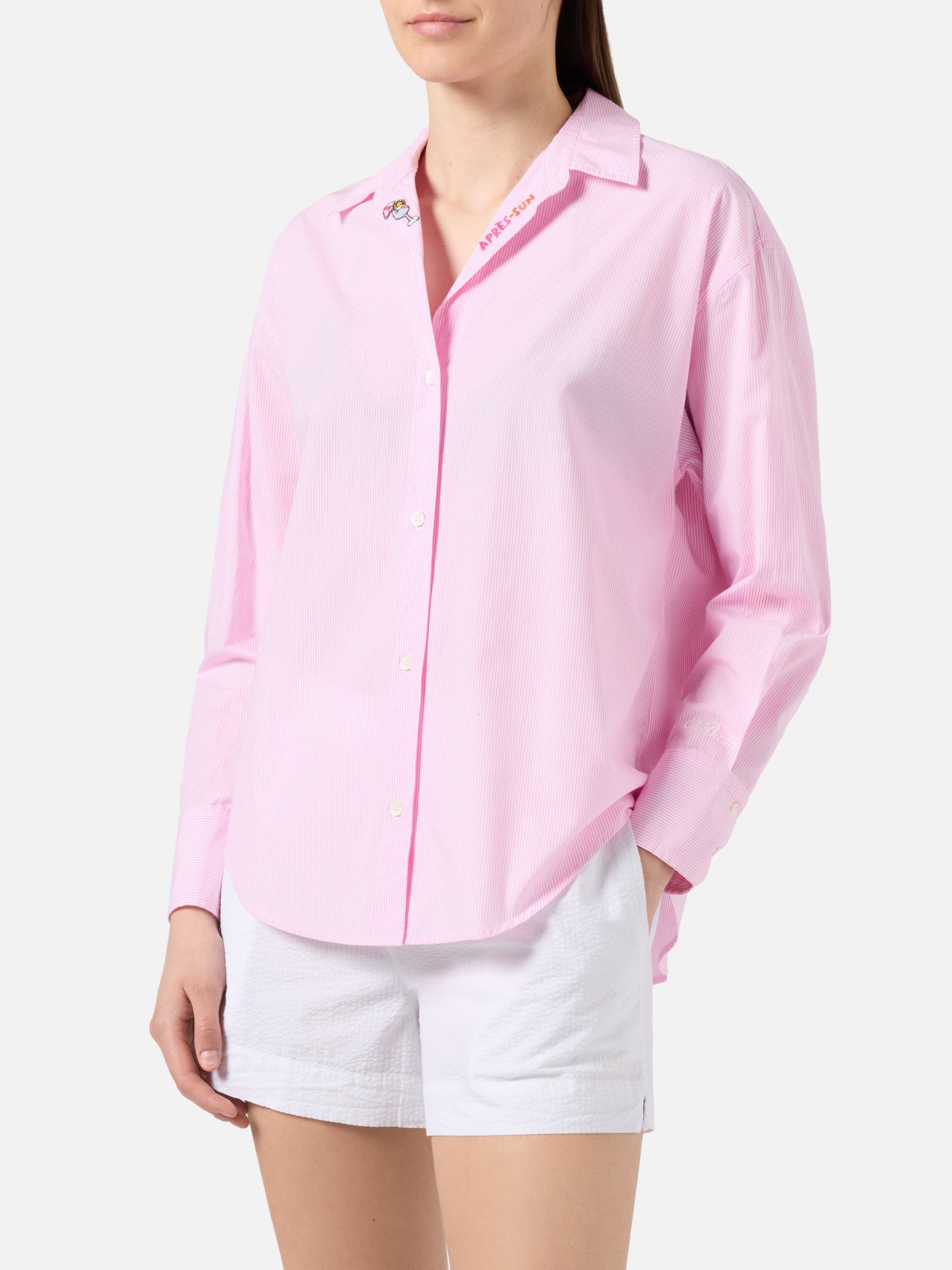 Chemise Cristal en popeline de coton rose à rayures avec broderie 