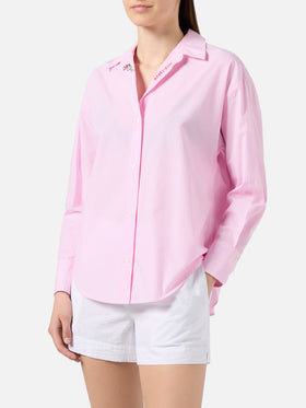 Chemise Cristal en popeline de coton rose à rayures avec broderie 