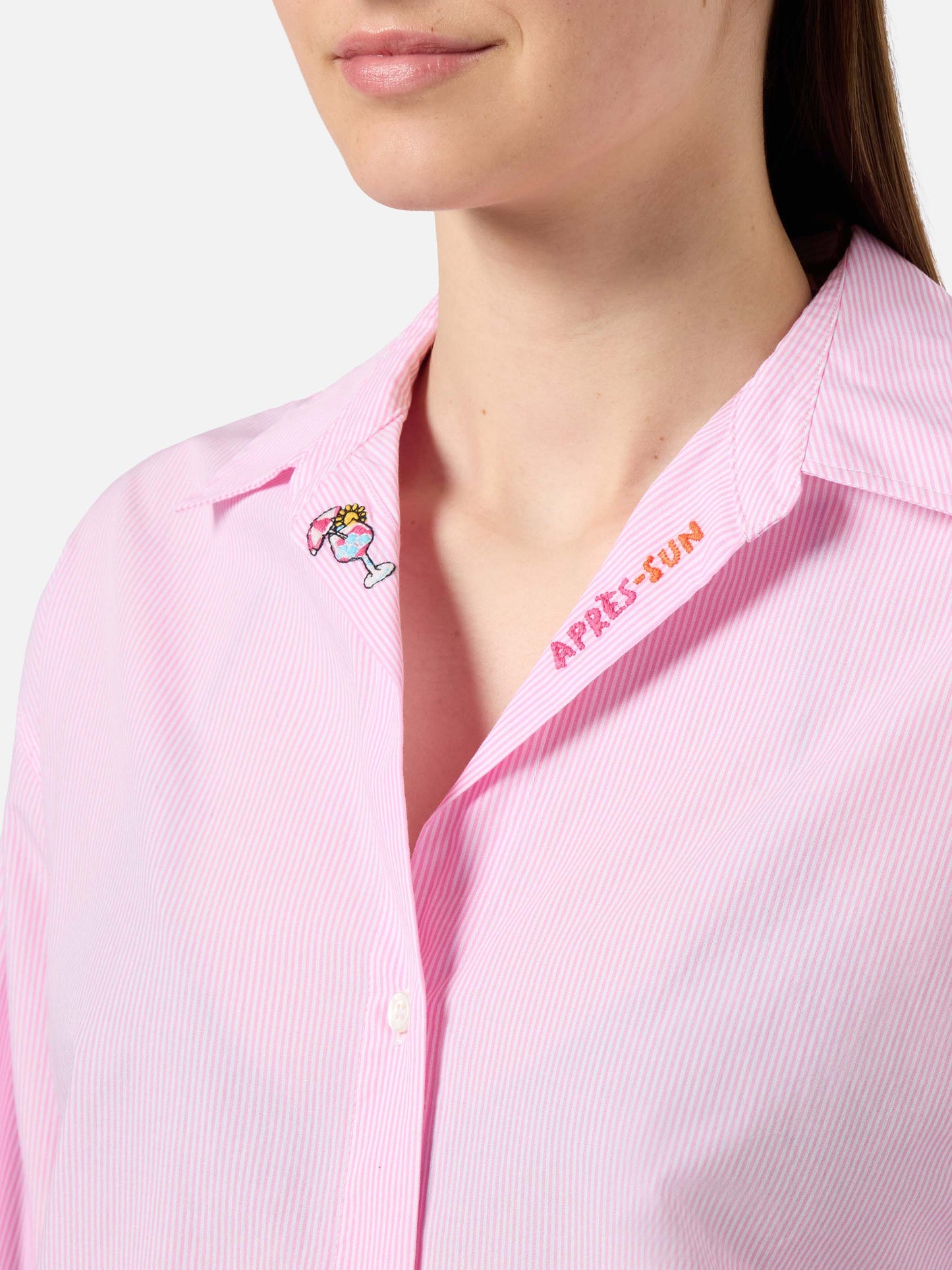 Chemise Cristal en popeline de coton rose à rayures avec broderie 