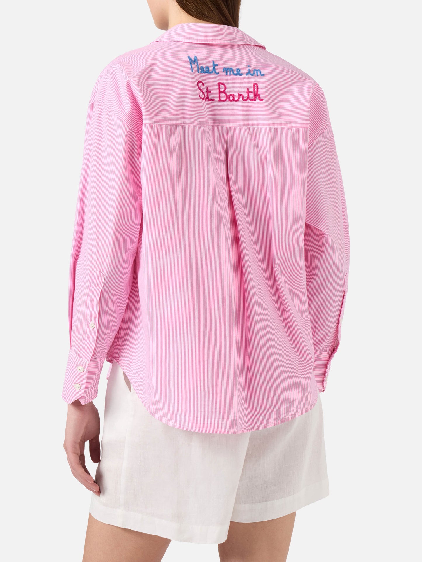 Pink striped Cristal shirt with Meet Me In Saint Barth embroidery