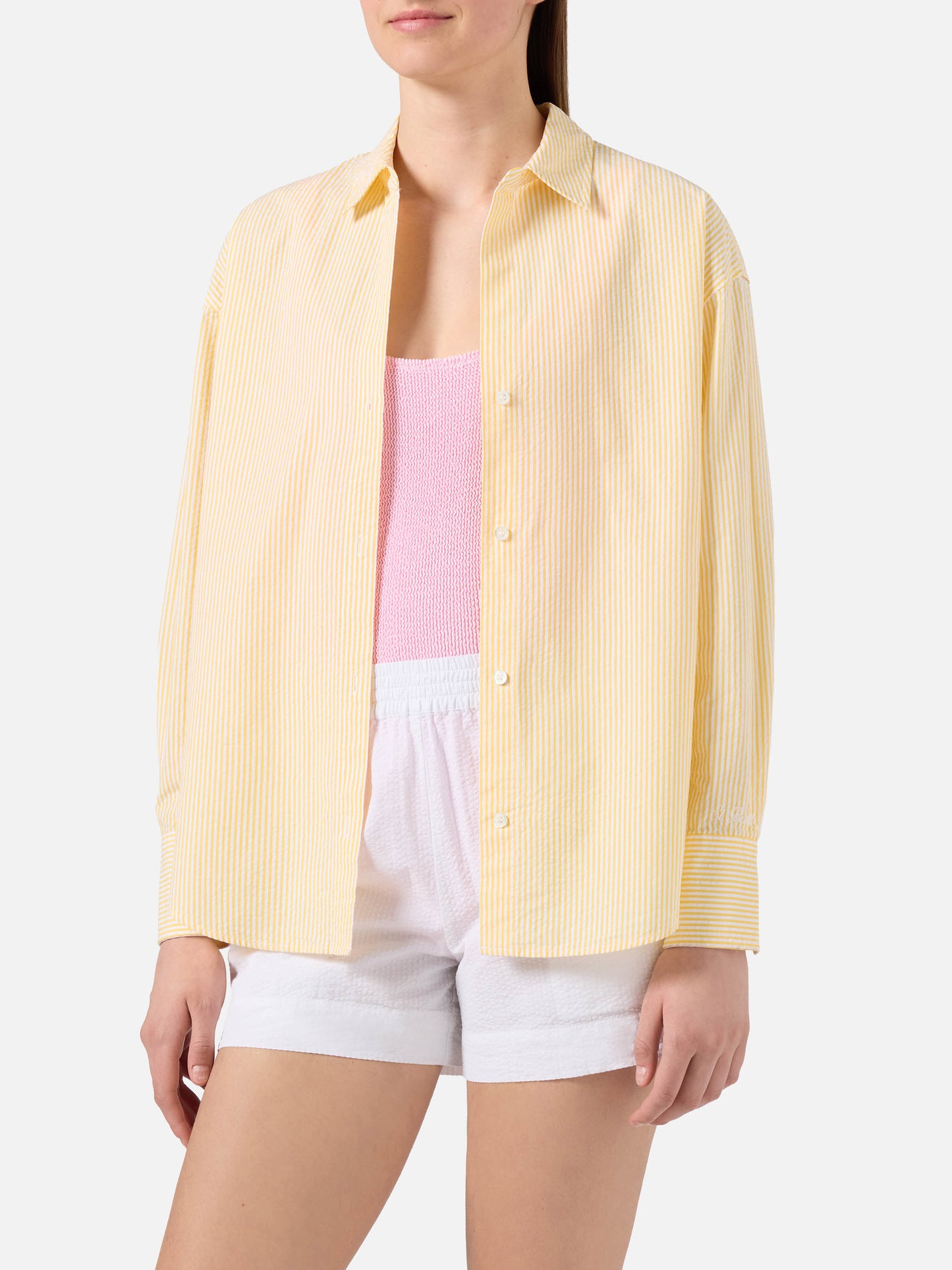 Camicia Cristal in seersucker a righe gialle con ricamo Weekend Mood