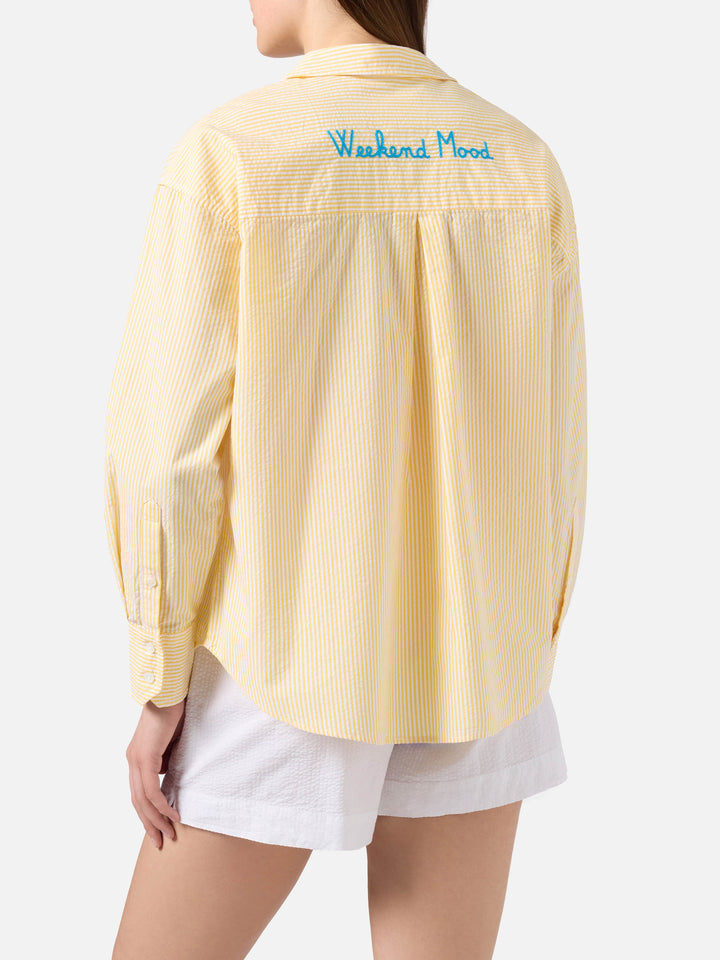 Yellow striped seersucker Cristal shirt with Weekend Mood embroidery