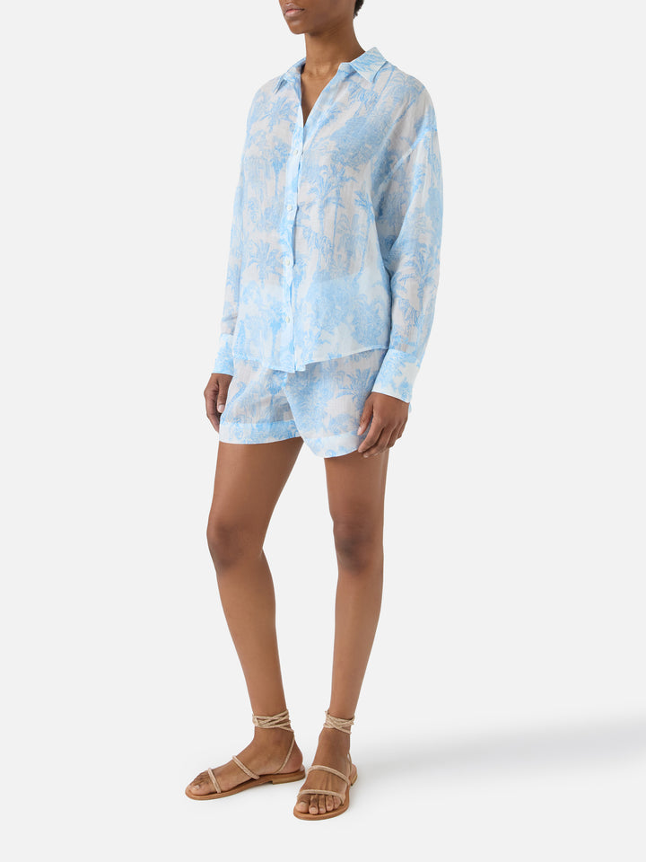 Cristal ramie shirt with light blue toile de jouy print