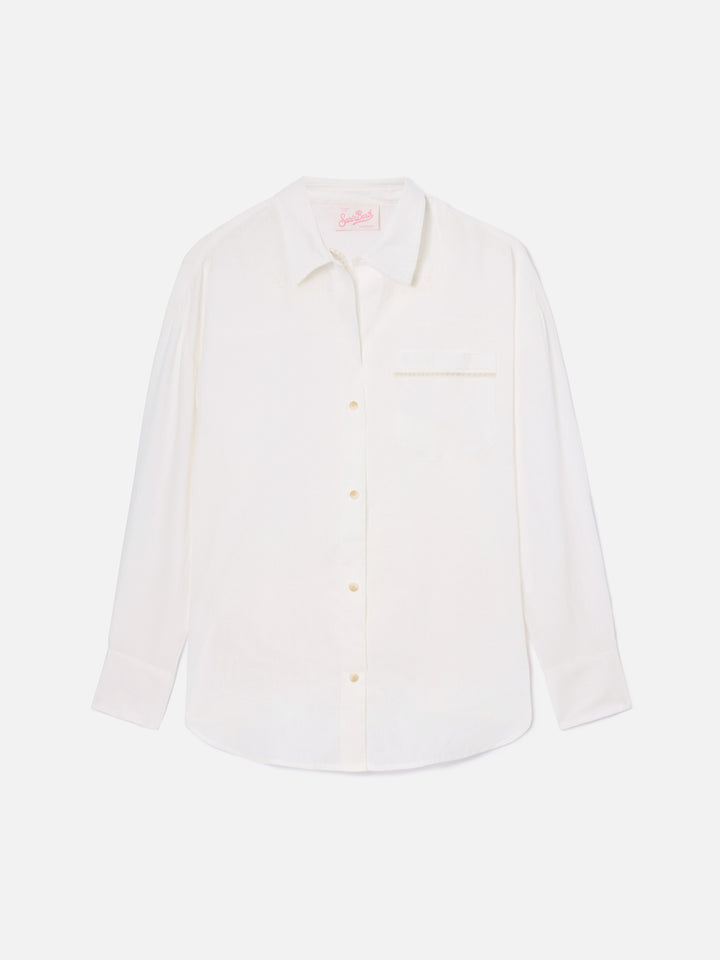 Camisa Cristal de lino blanco con bordado Saint Barth perforado 