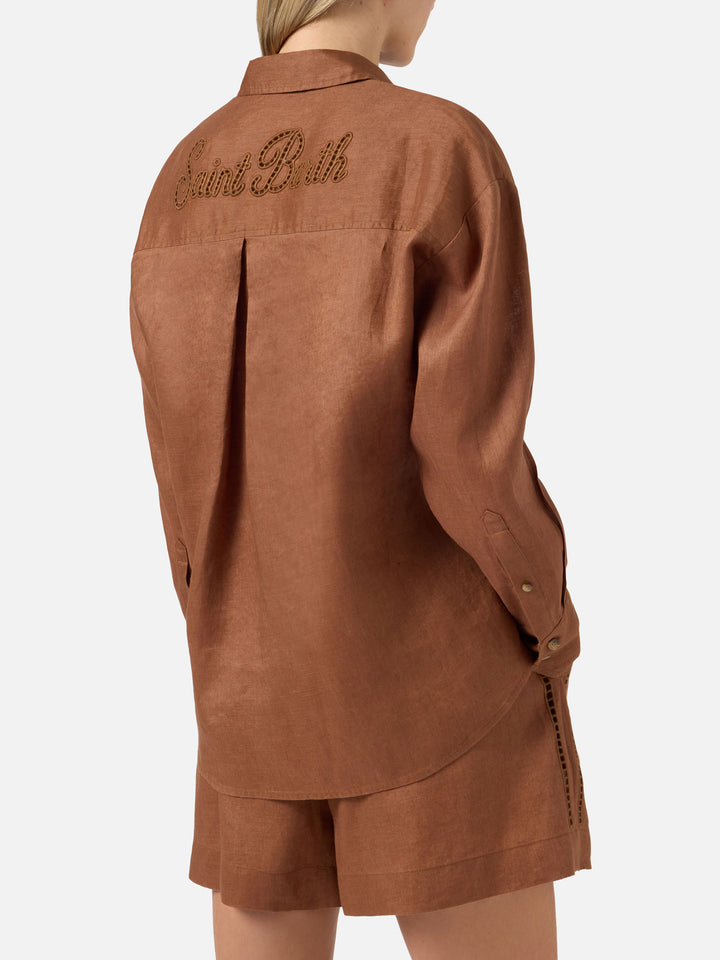 Brown linen Cristal shirt with perforated Saint Barth embroidery