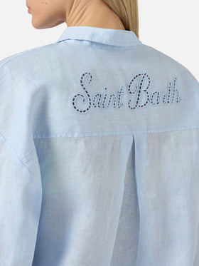 Camisa Cristal de lino azul claro con bordado Saint Barth perforado 