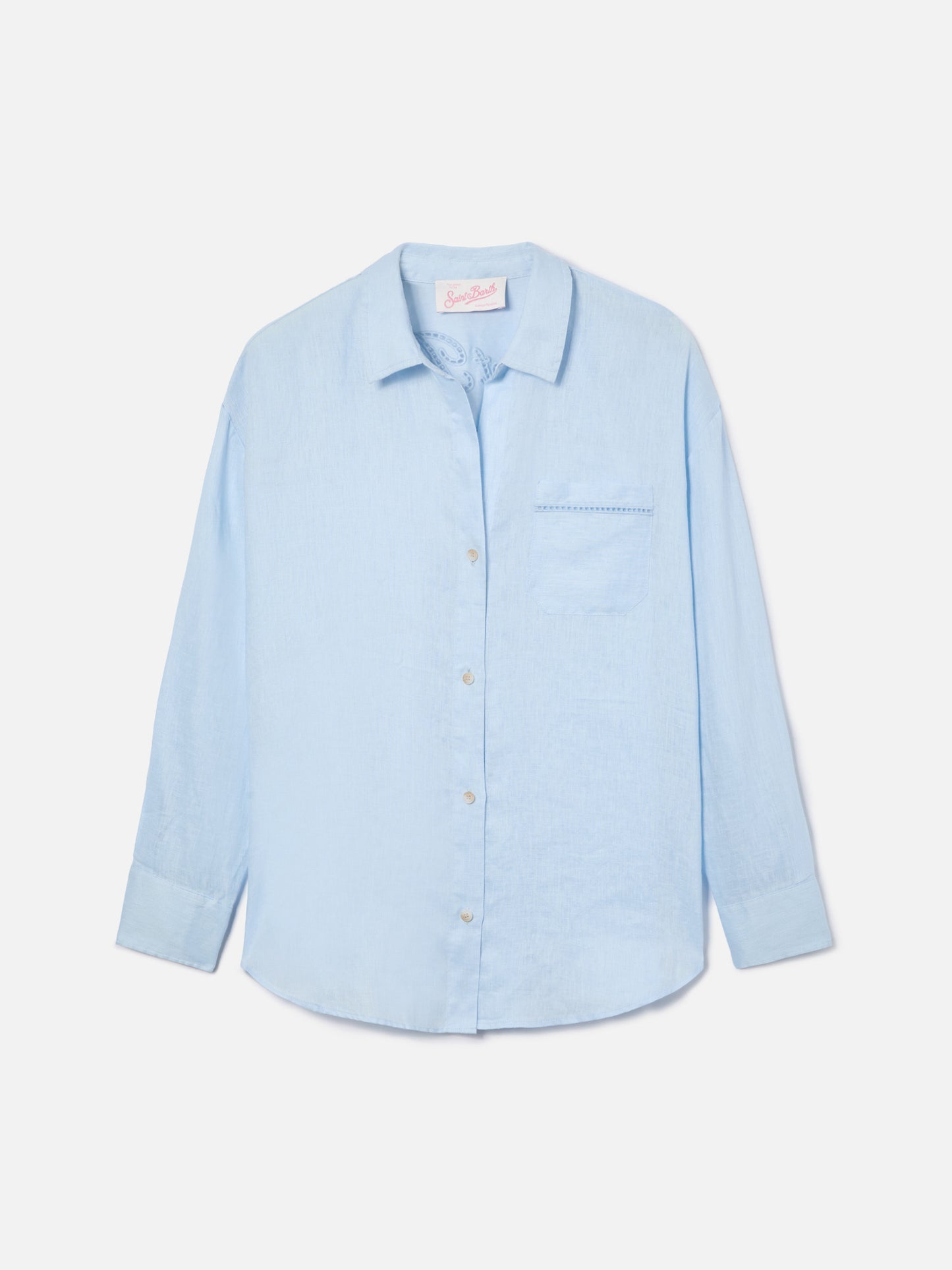 Camisa Cristal de lino azul claro con bordado Saint Barth perforado 