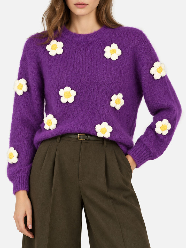 Maglione Danya Soft girocollo viola con applicazioni margherite