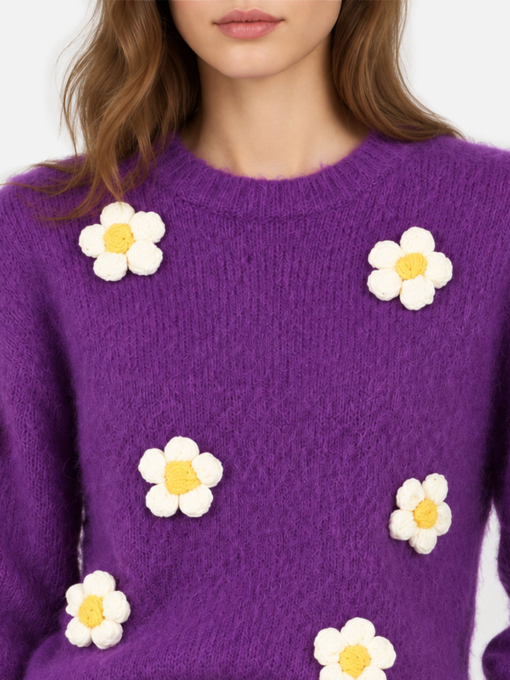 Maglione Danya Soft girocollo viola con applicazioni margherite