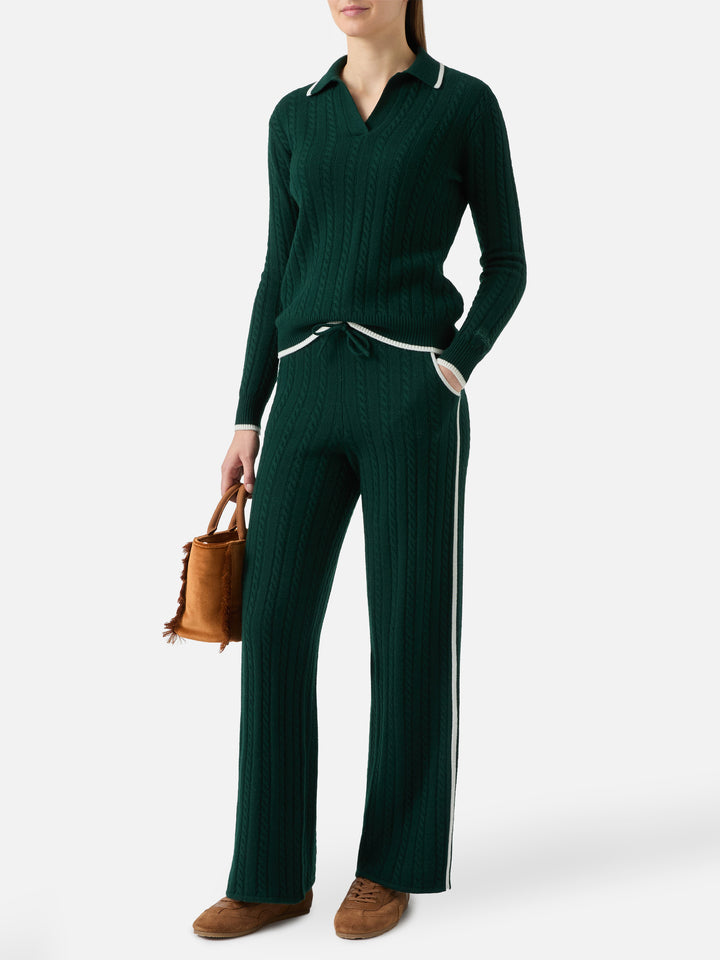 Dinard cable-knit trousers in British green wool with St. Barth embroidery