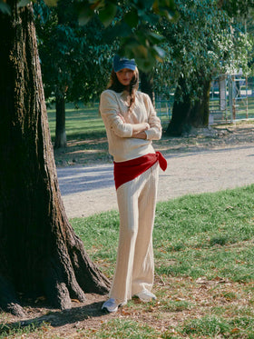 Pantalones de lana Dinard beige con ribetes en contraste 