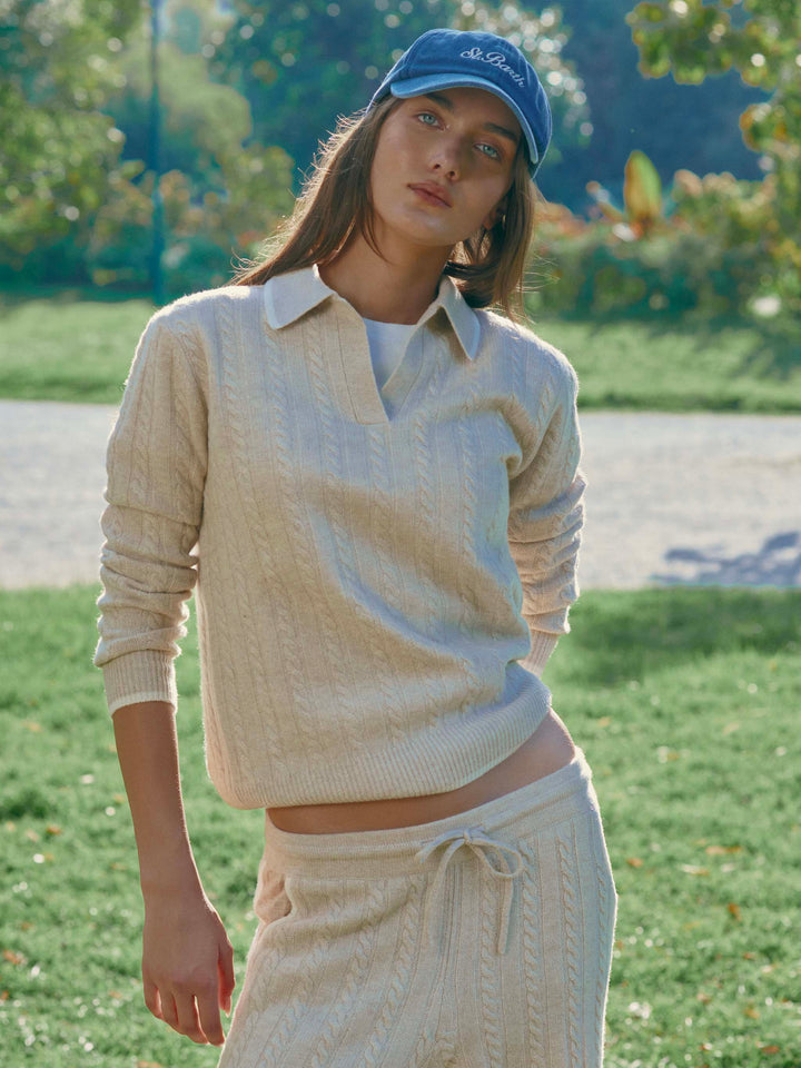 Polo de punto en lana Beige Clichy con cuello polo y puntada pointelle 