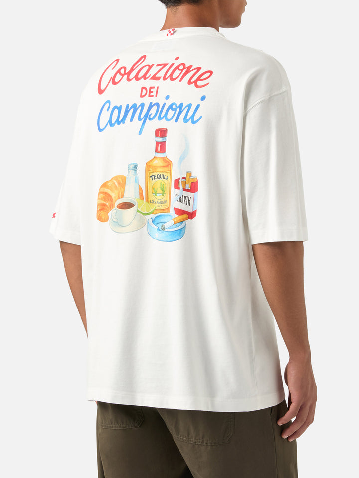 Weißes Oversize-T-Shirt aus Baumwolle Delmar mit Colazione Dei Campioni-Print auf der Rückseite 