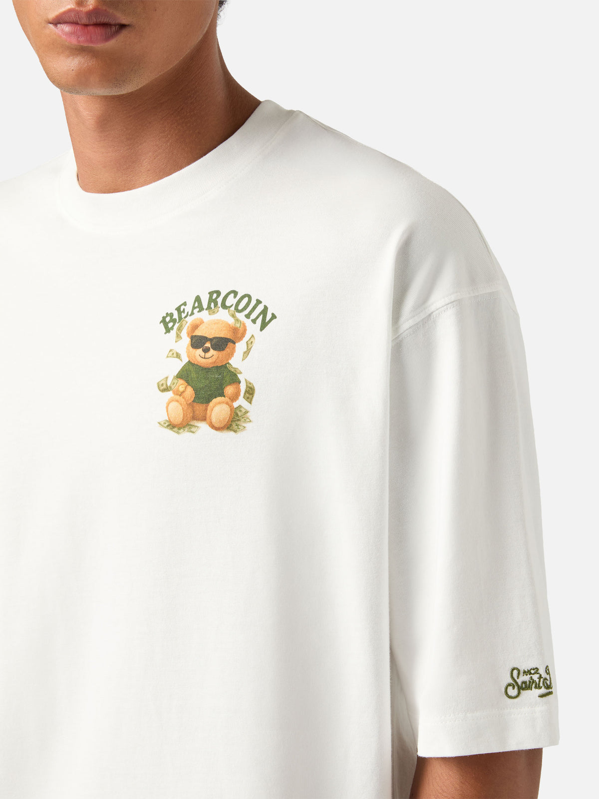 Camiseta oversize de algodón blanca Delmar con estampado Bearcoin en la espalda 