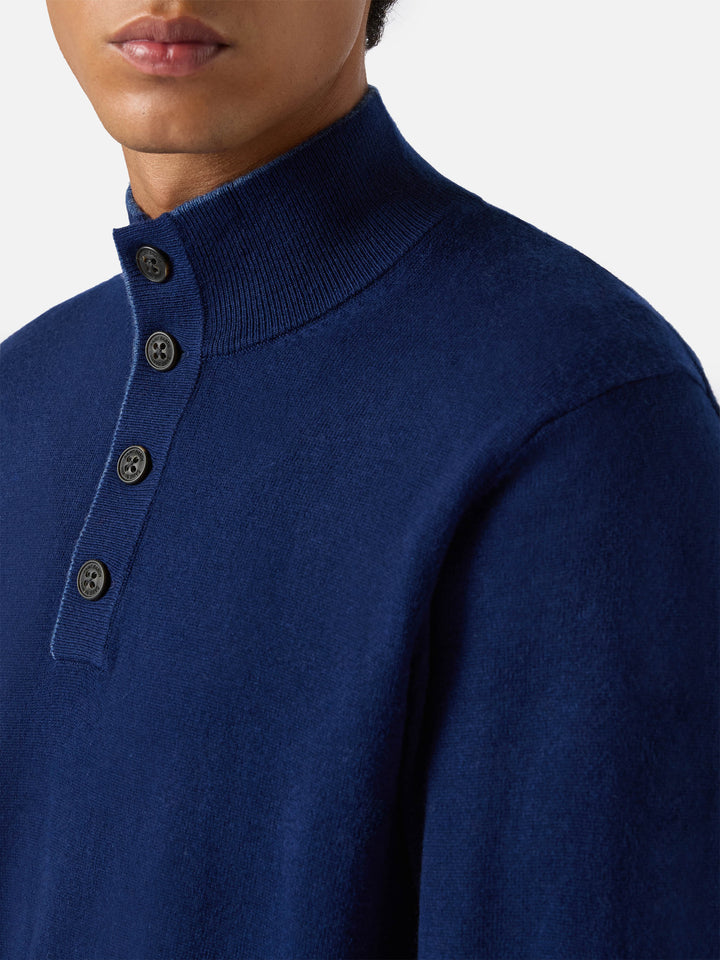 Half-zip sweater in navy blue merino wool and cashmere