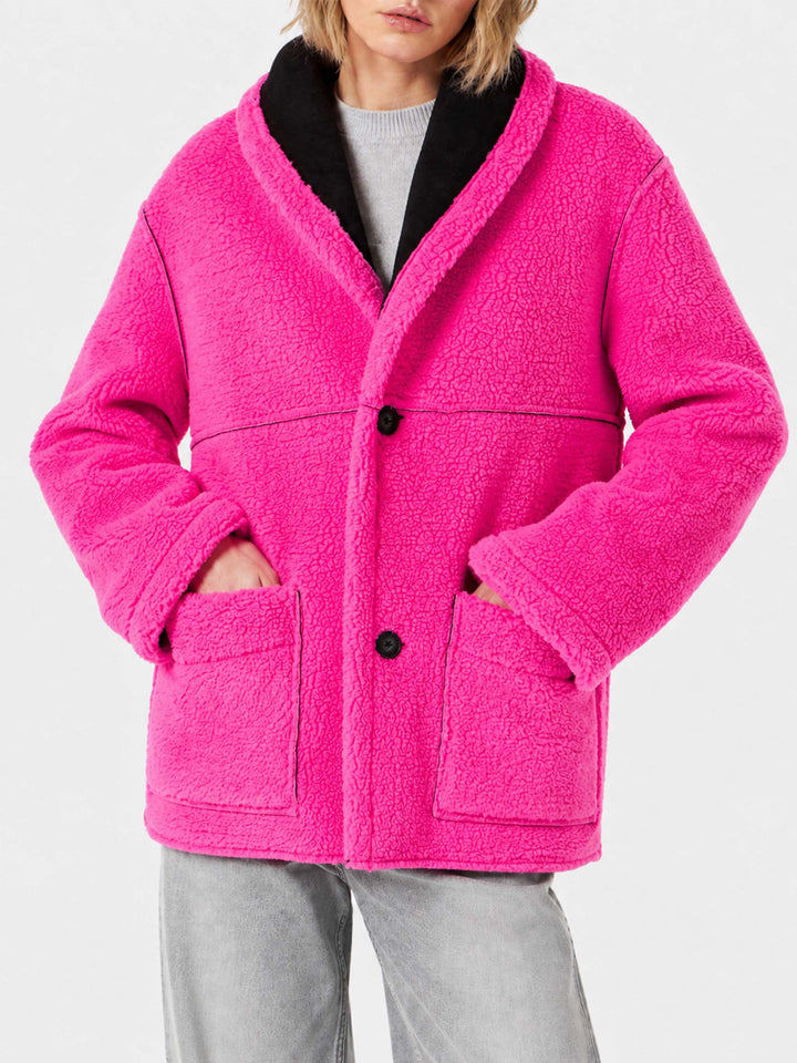 Schwarzer und fluo-pinker wendbarer Dorys Shearling-Mantel 