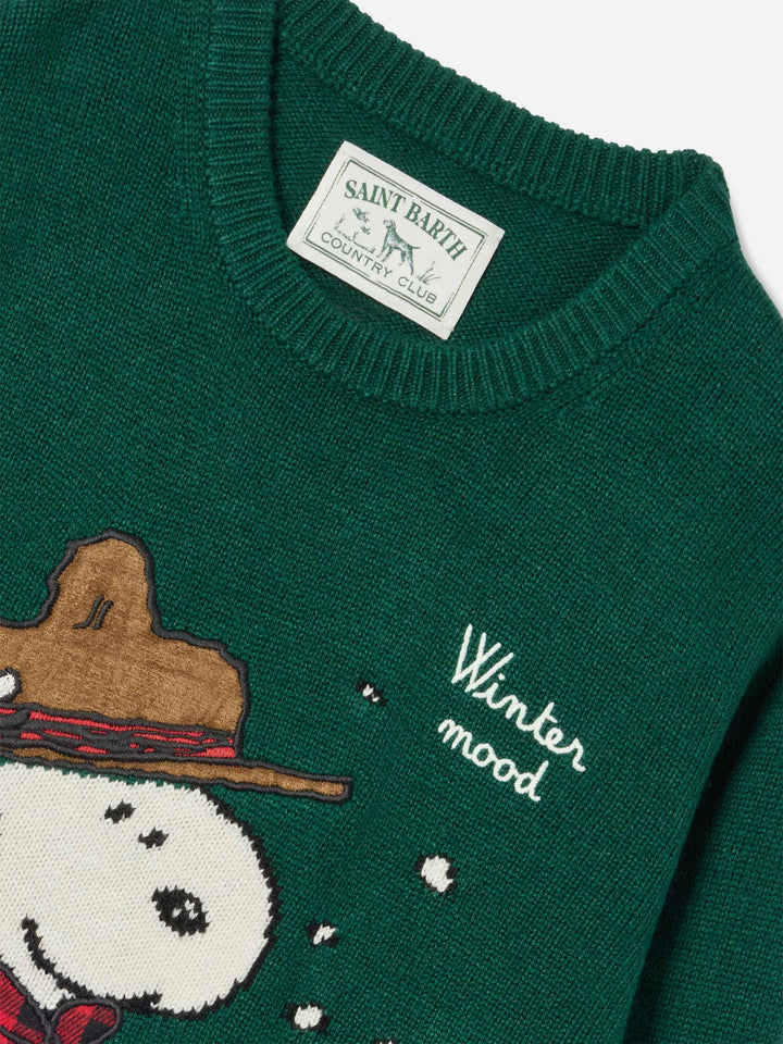 Maglia girocollo Douglas verde con patch Snoopy e ricamo Winter Mood | Special edition