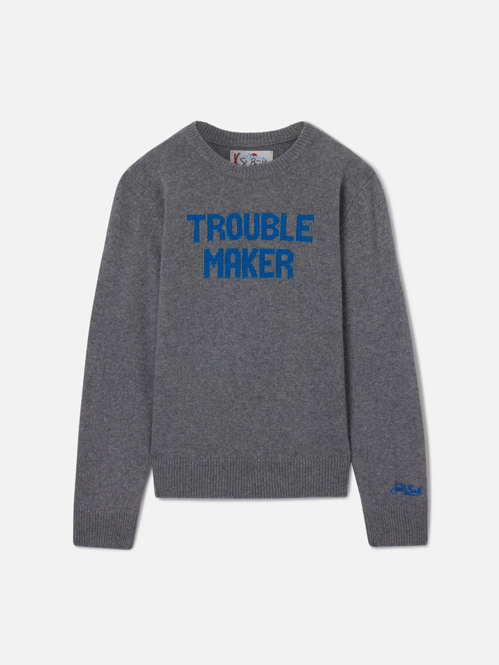 Douglas crewneck knitwear in grey with Trouble Maker lettering