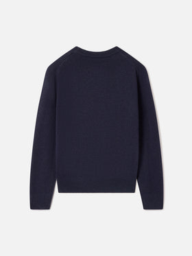 Marineblauer blue Douglas Strickpullover mit Rundhalsausschnitt mit St. Moritz Intarsie und Stickerei | Special edition 