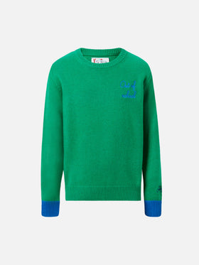 Grüner Douglas-Pullover mit Rundhalsausschnitt und „Out of School“-Stickerei