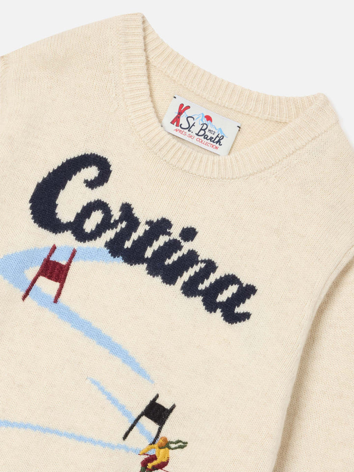 Cremefarbenes Strickmodell mit Rundhalsausschnitt Douglas mit Cortina-Intarsie 