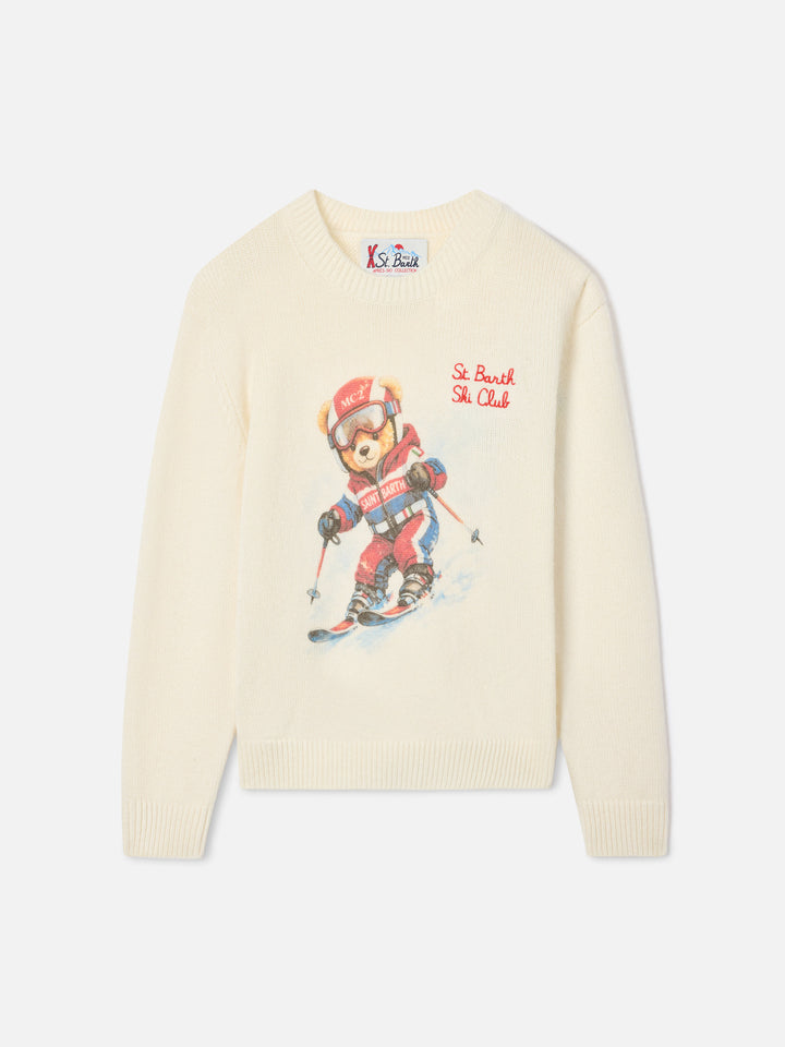 Cremefarbener Crewneck aus Woll- und Kaschmirmischung Douglas mit Teddybär-Intarsie und Stickerei 