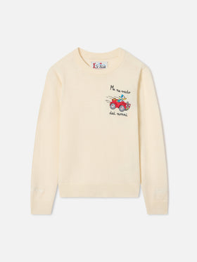 Jersey de cuello redondo en mezcla de lana y cashmere color crema Douglas Light con intarsia de Donald Duck | Special edition 