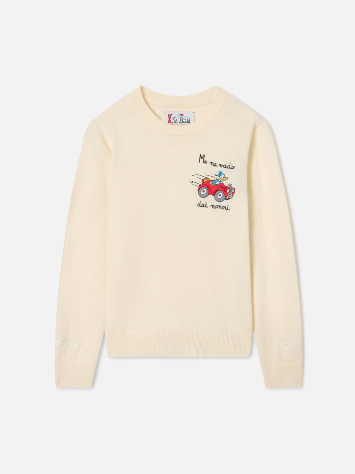 Cremefarbenes Crewneck aus einem Woll- und Kaschmirmix mit Donald-Duck-Intarsie | Special edition 
