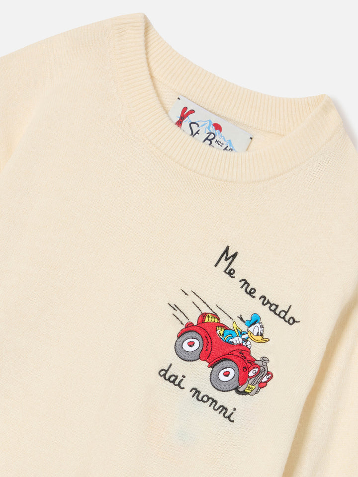 Cremefarbenes Crewneck aus einem Woll- und Kaschmirmix mit Donald-Duck-Intarsie | Special edition 