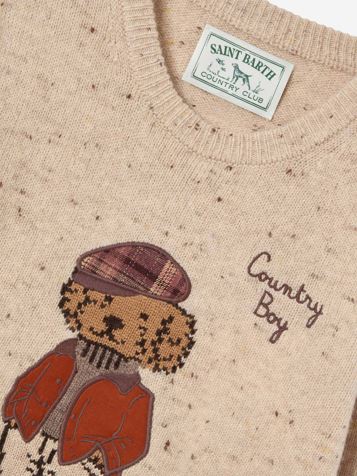 Maglia girocollo Douglas panna in misto lana Donegal con patch orsetto e ricamo Country Boy