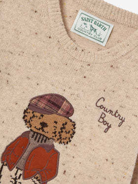 Maglia girocollo Douglas panna in misto lana Donegal con patch orsetto e ricamo Country Boy