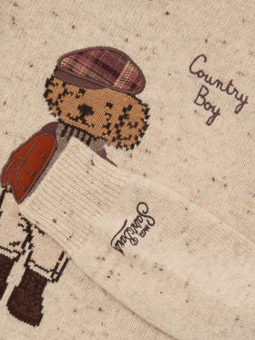 Maglia girocollo Douglas panna in misto lana Donegal con patch orsetto e ricamo Country Boy