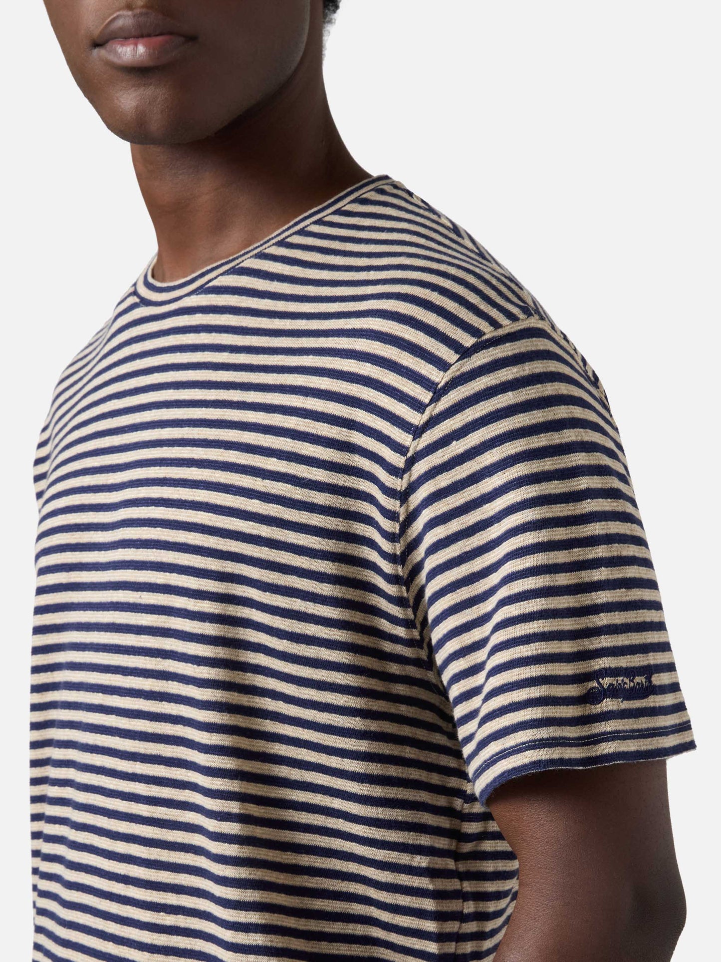 Blue striped Dover linen-blend t-shirt with logo embroidery
